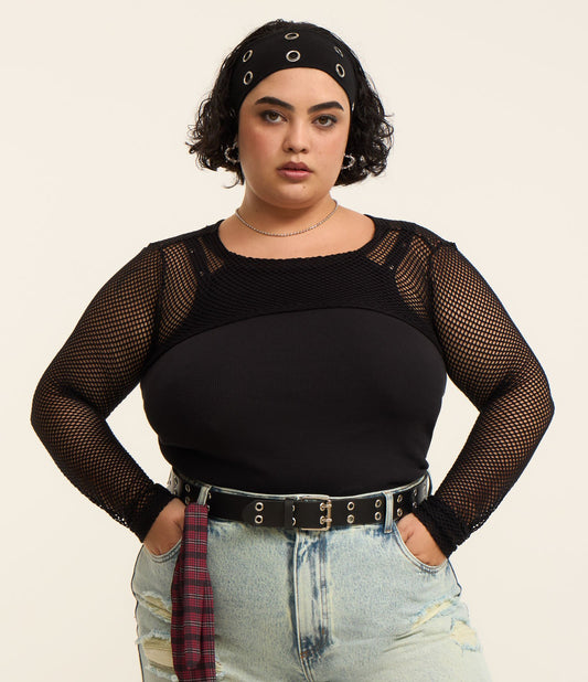Crop Top nero a rete trasparente - Curve e taglie forti