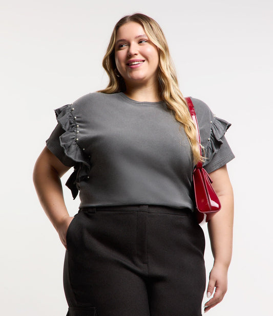 Blusa de efeito desgastado com babados e pérolas, Curve & Plus Size, Stone Gray