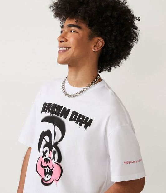 Maglietta dal taglio rilassato in mezza maglia con stampa del coniglio bianco Green Day