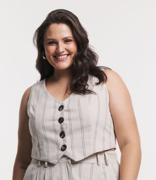 Striped Linen Vest with Buttons, Curve & Plus Size, Beige