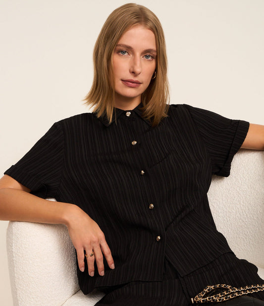 Textured Viscose Shirt with Unique Buttons - Black