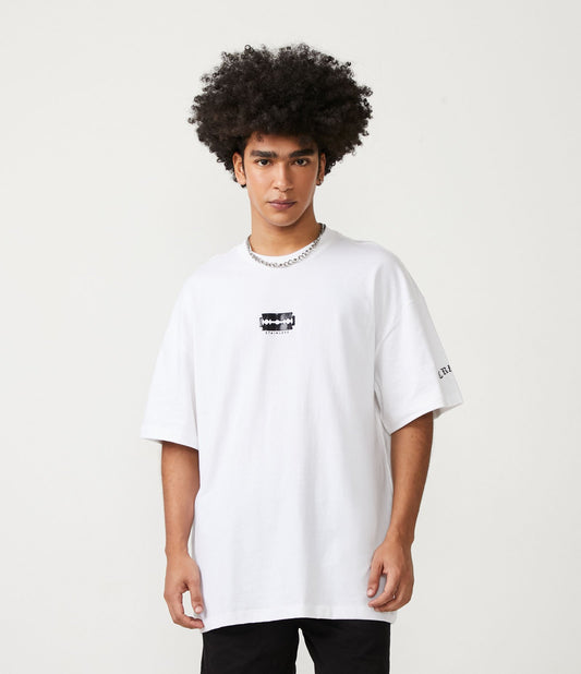 Maglietta bianca loose-fit con stampa in tessuto a mezza maglia
