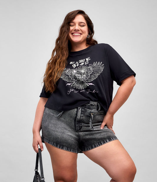 Blusa Boxy de algodão com estampa de crista, Curve & Plus Size, preta