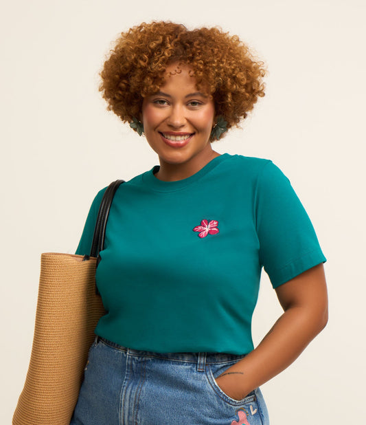 Camicetta in cotone verde con ricamo di ibisco - Curve e taglie forti
