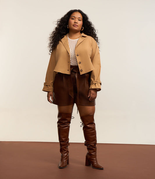Pantaloncini in materiale sintetico con laccetto, taglie forti e taglie forti, marrone