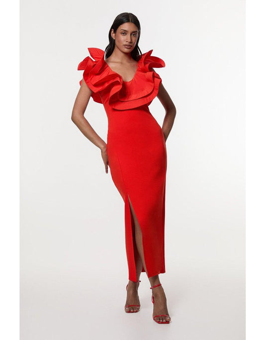Maxivestido con volantes y abertura lateral en tejido de punto y mezcla de algodón