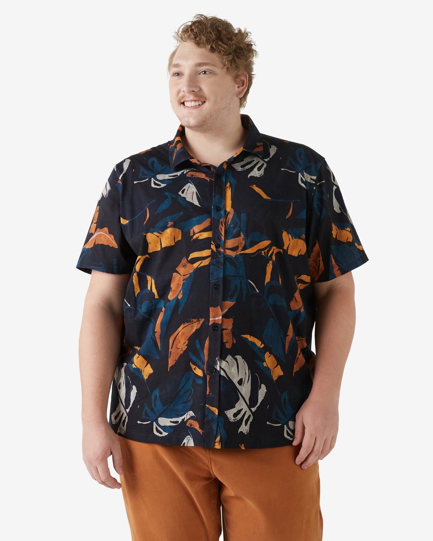 Camicia casual a manica corta nera Plus Size da uomo con stampa a foglie