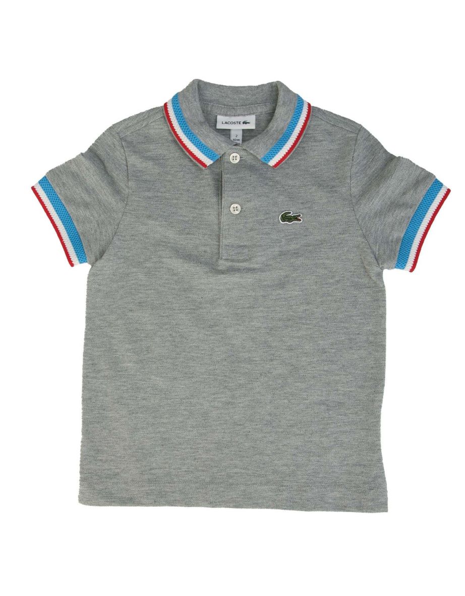 Boy's Grey Lacoste Polo Shirt with Striped Details in Cotton Pique