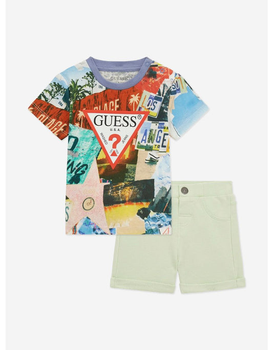 Conjunto de shorts multicoloridos com colagem de fotos para meninos