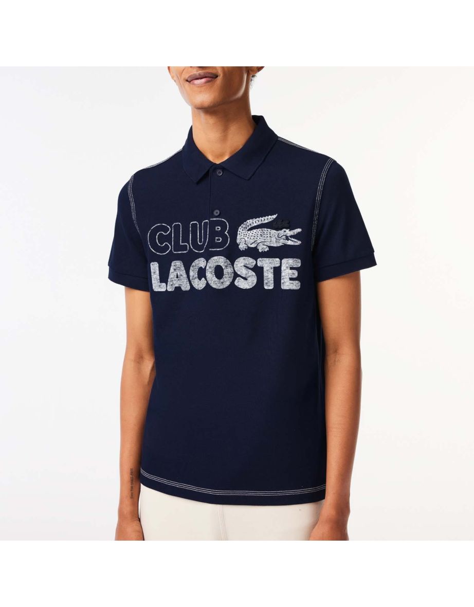 Camisa polo masculina Lacoste azul estampada em algodão orgânico