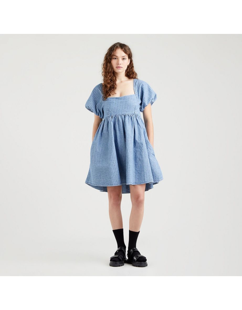 Mini vestido com mangas balão em algodão