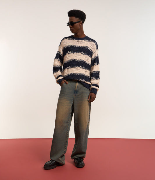 Maglione a righe in maglia irregolare blu/beige