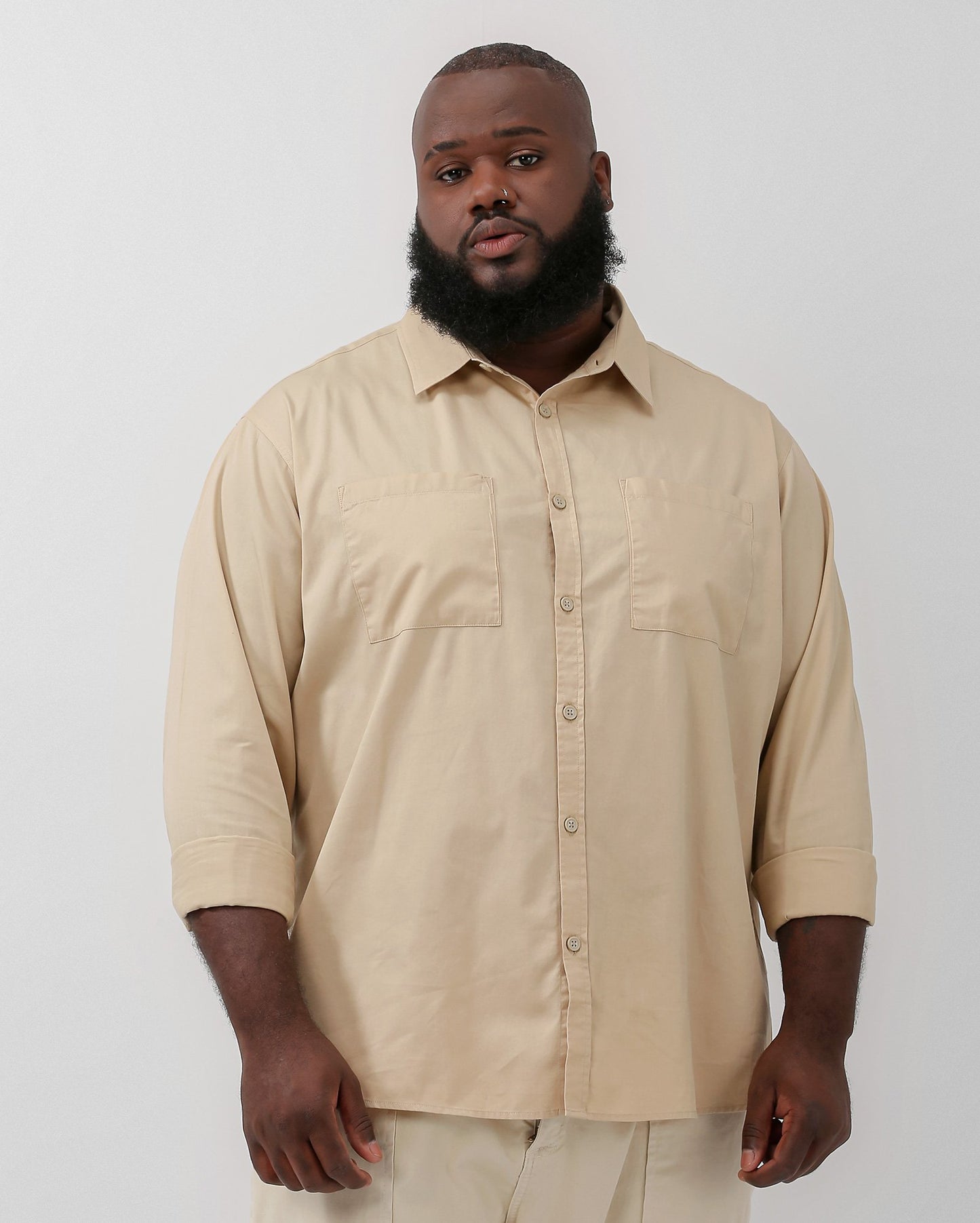 Camisa masculina plus size de manga comprida bege | Original Plus da Riachuelo