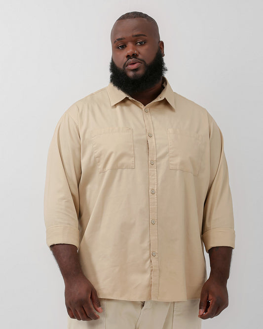 Camisa masculina plus size de manga comprida bege | Original Plus da Riachuelo
