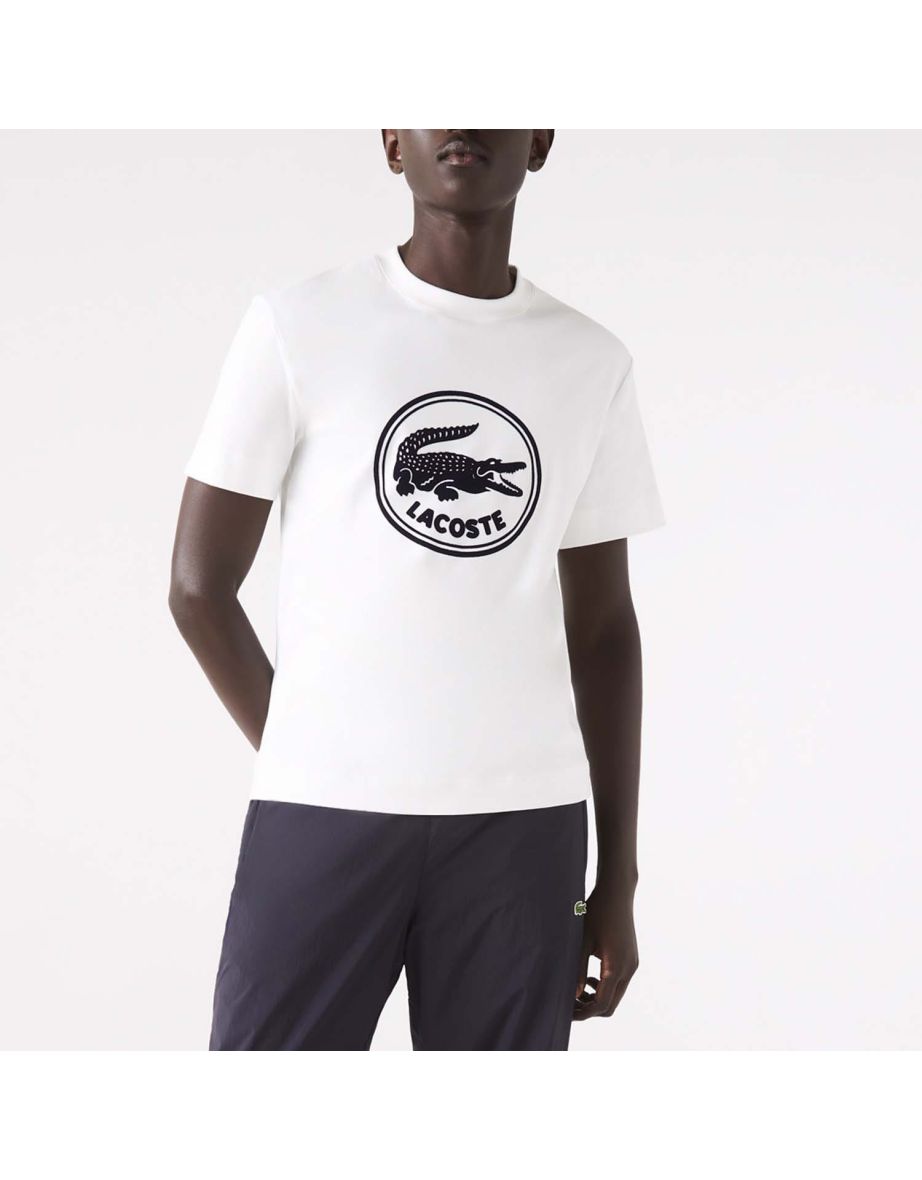 Camiseta masculina Lacoste de algodão com gola alta e logotipo impresso em 3D na cor creme