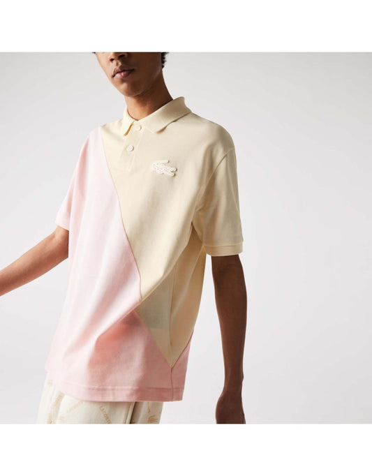Camisa Polo Lacoste Loose Fit Colorblock Cotton Piqué Masculina em Creme