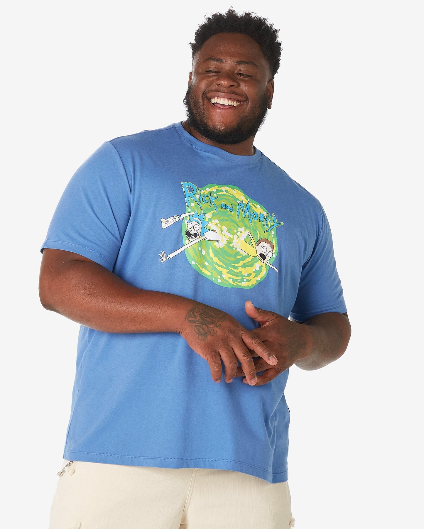 Camiseta masculina plus size de manga curta Rick and Morty azul acinzentado