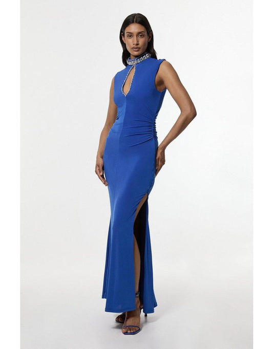 Maxi Vestido de Crepé de Punto Adornado
