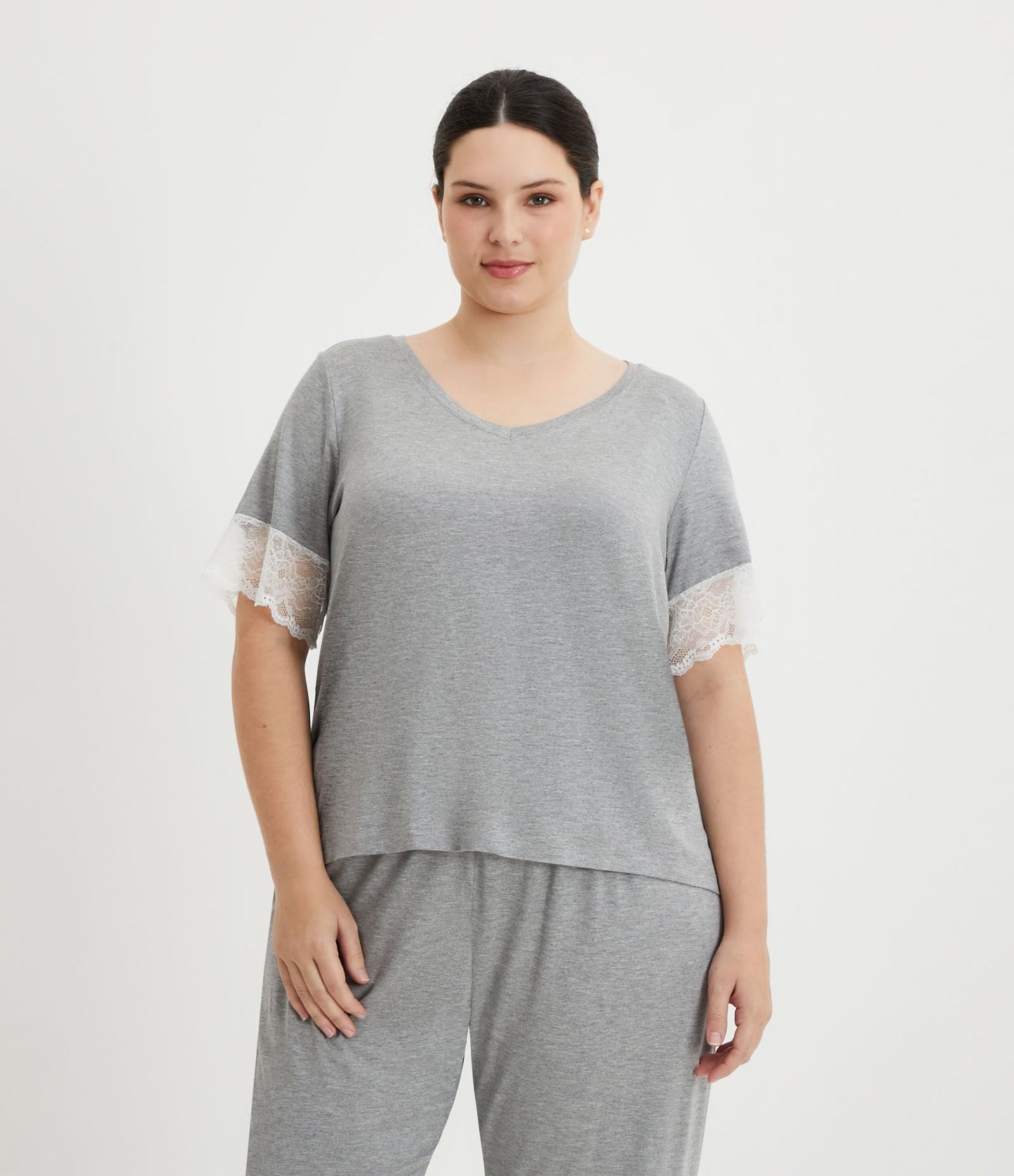 Camisola de pijama Viscolycra com detalhes em renda, Curve & Plus Size, cinza