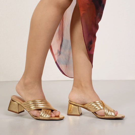 Sandali con tacco a blocco in oro da donna Vizzano
