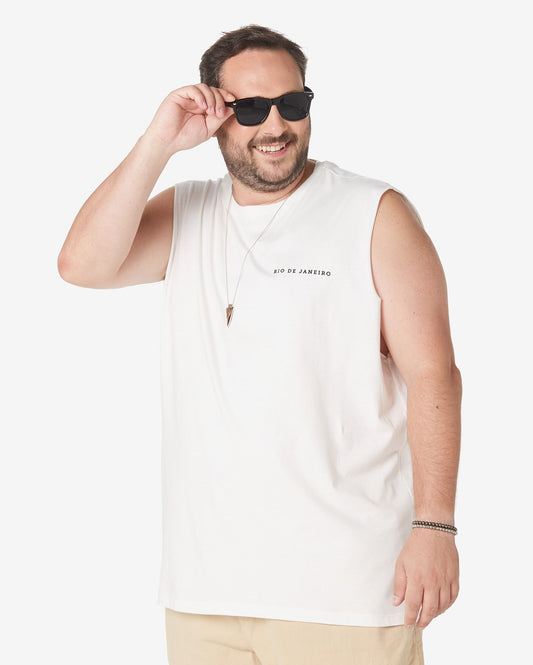 Camiseta regata masculina plus size, branca, tecido Rio de Janeiro, Allman by Riachuelo