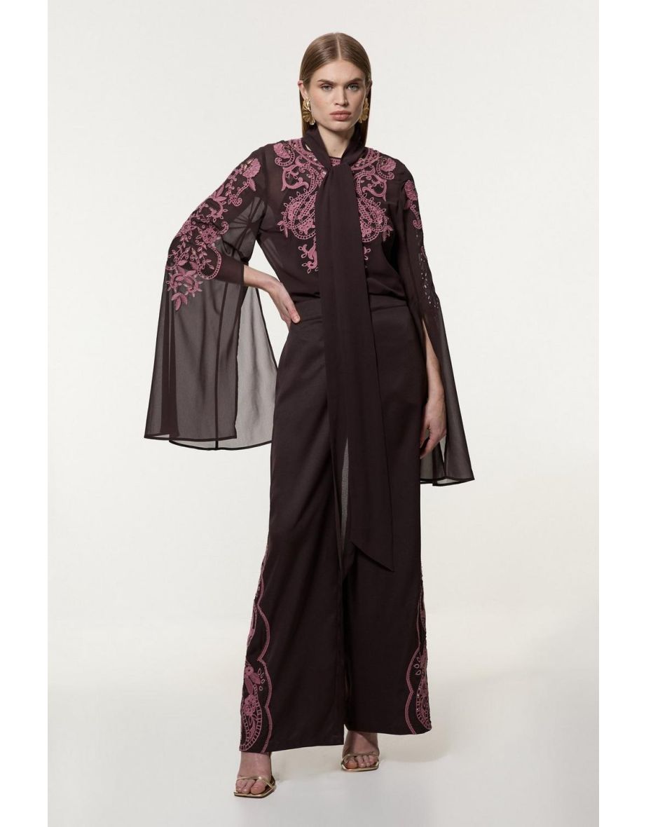 Tall Cutwork Beaded Georgette Tie-Neck Woven Blouse with Dramatic Sleeves