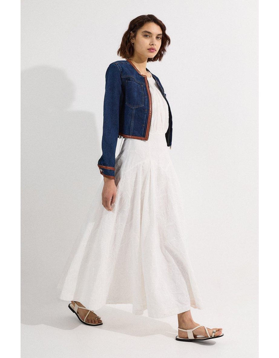 Giacca sartoriale senza colletto in denim e finta pelle