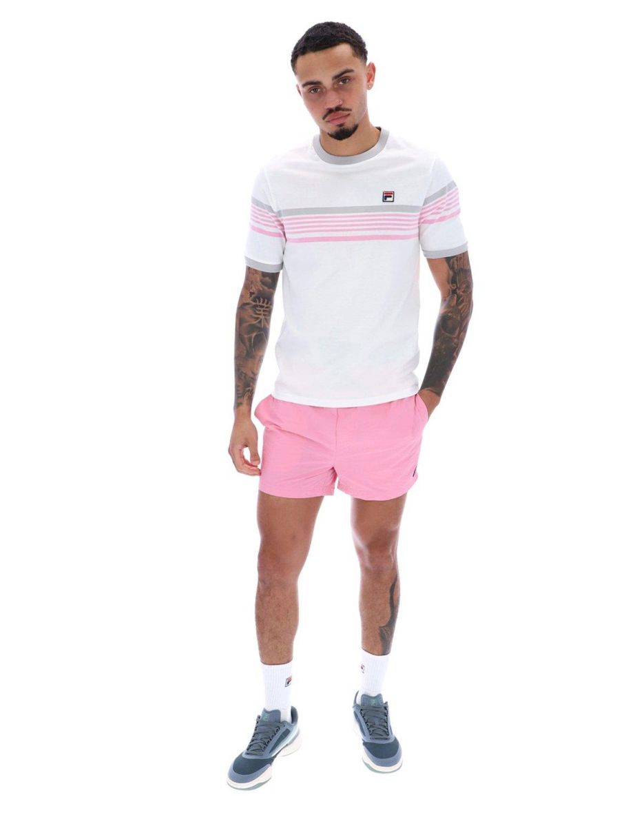 Camiseta de rayas James Yarn Dye en blanco y rosa prisma de tiro alto