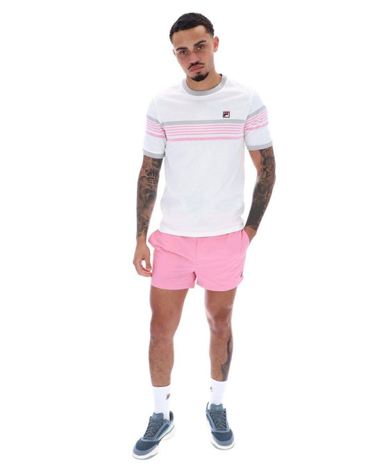 Camiseta de rayas James Yarn Dye en blanco y rosa prisma de tiro alto