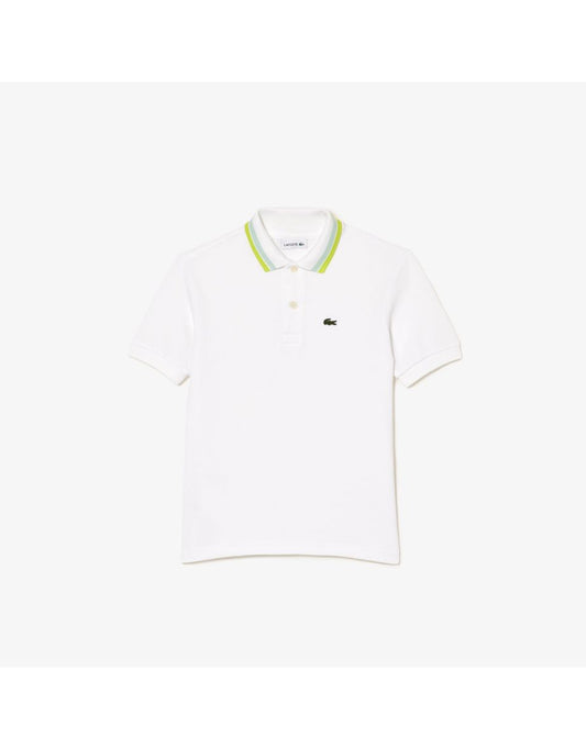 Boy's White Lacoste Cotton Pique Polo Shirt with Tricolor Collar
