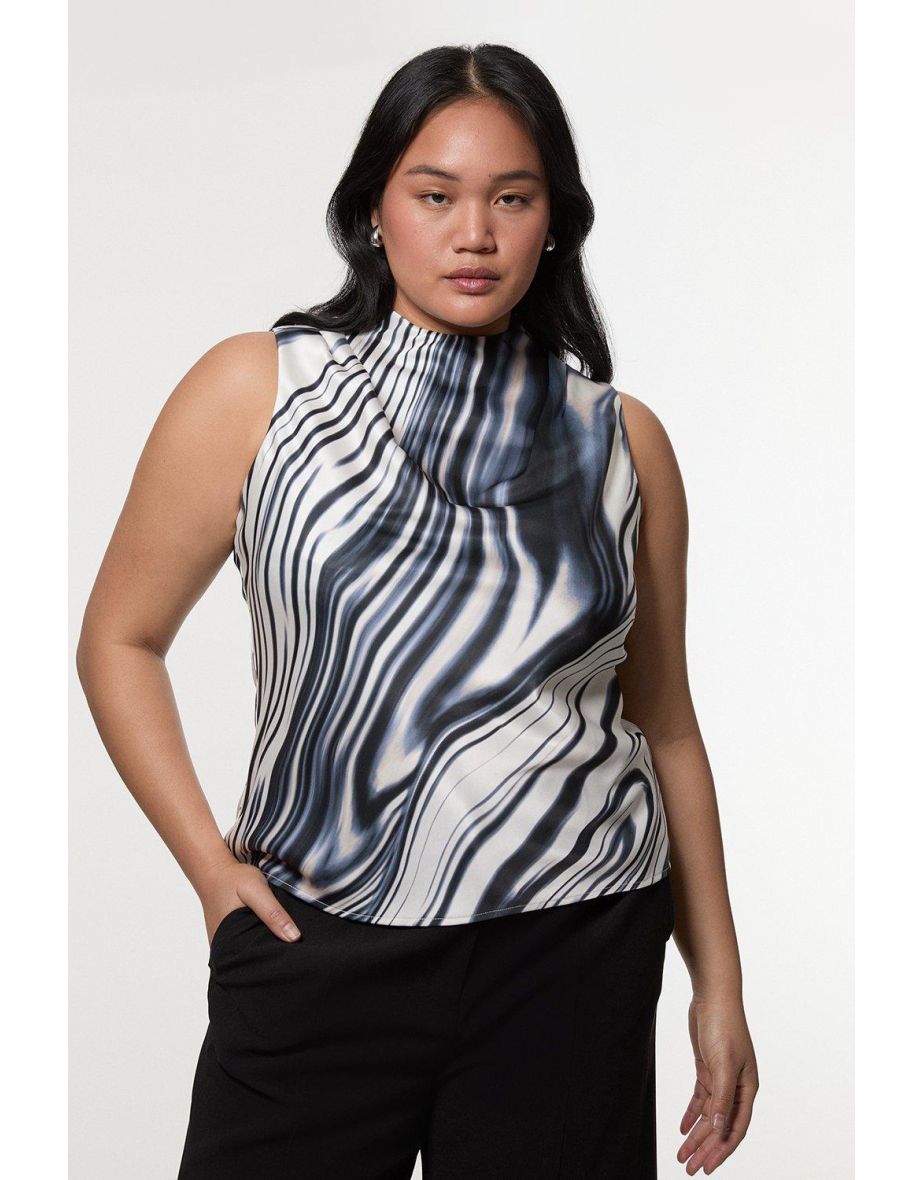 Top senza maniche a collo alto Plus Size con riga graduata in raso di viscosa