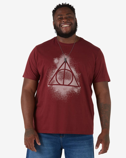 Camiseta masculina plus size de manga curta vermelho-escuro Harry Potter Deathly Hallows