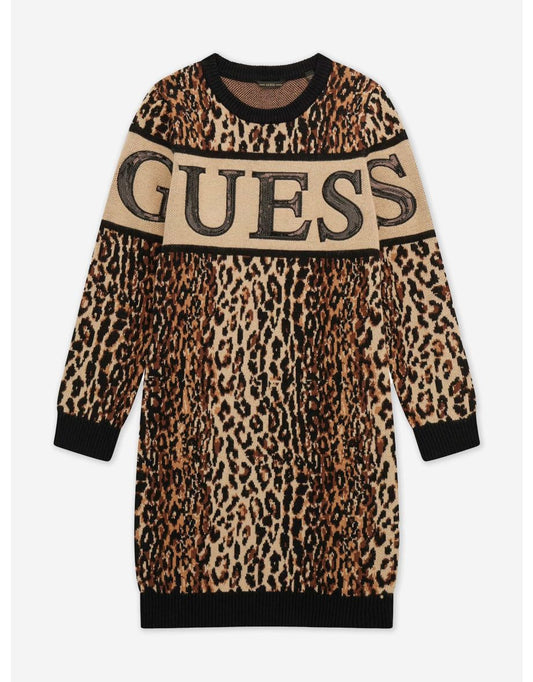 Vestito da bambina in maglia marrone con stampa leopardata