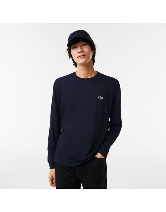 Camiseta masculina Lacoste de manga longa com gola técnica em azul