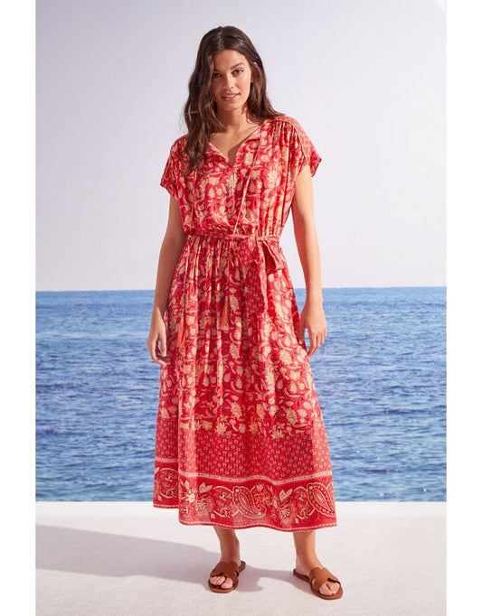 Vestido midi com estampa floral coral