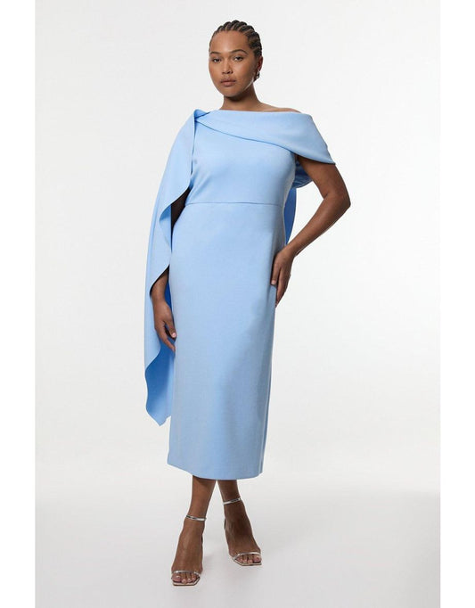 Talla Grande Vestido Midi Tejido con Detalle Dramático en los Hombros