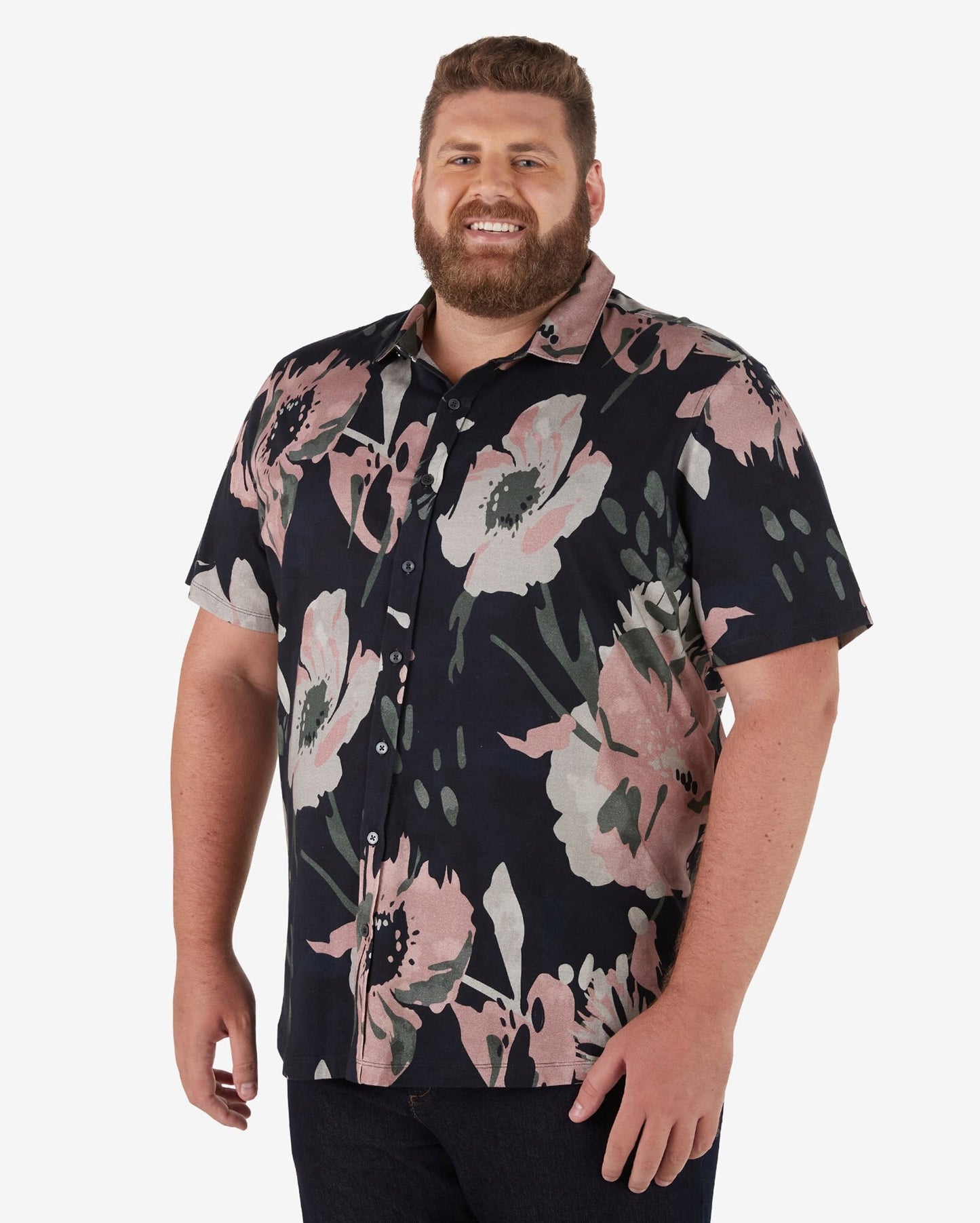 Camisa masculina Plus Size Black Floral de manga curta