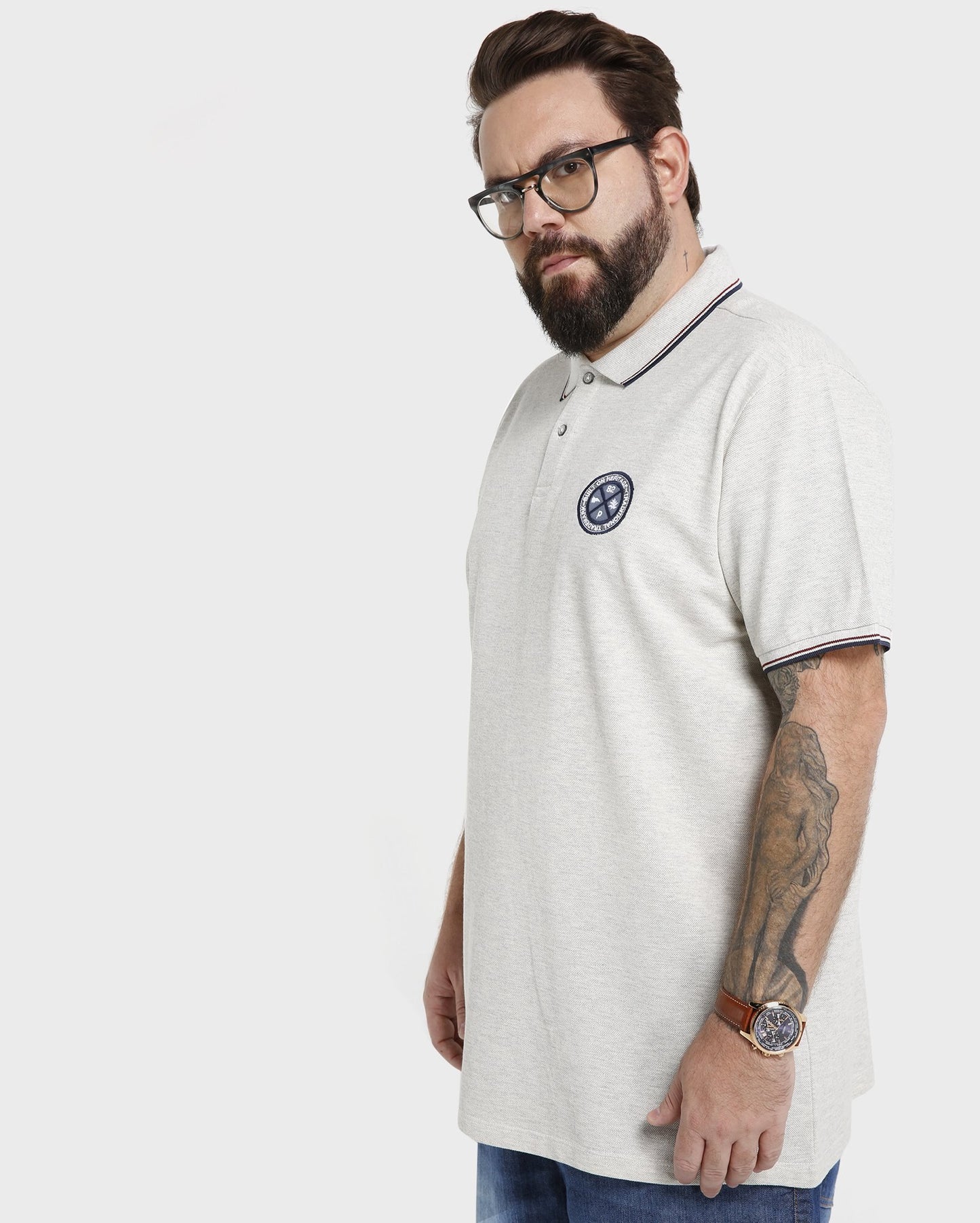 Camisa Polo Piquet Bordada Plus Size - Bege Escuro