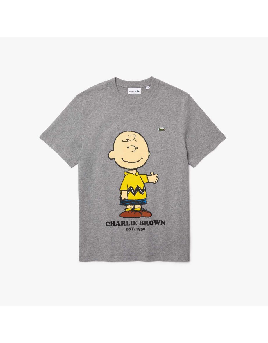 Camiseta masculina de algodão orgânico com gola alta Lacoste x Peanuts cinza