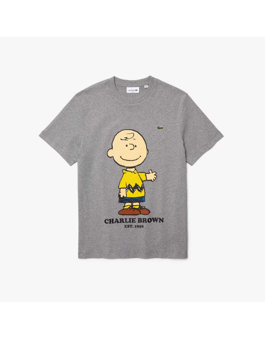 Camiseta masculina de algodão orgânico com gola alta Lacoste x Peanuts cinza