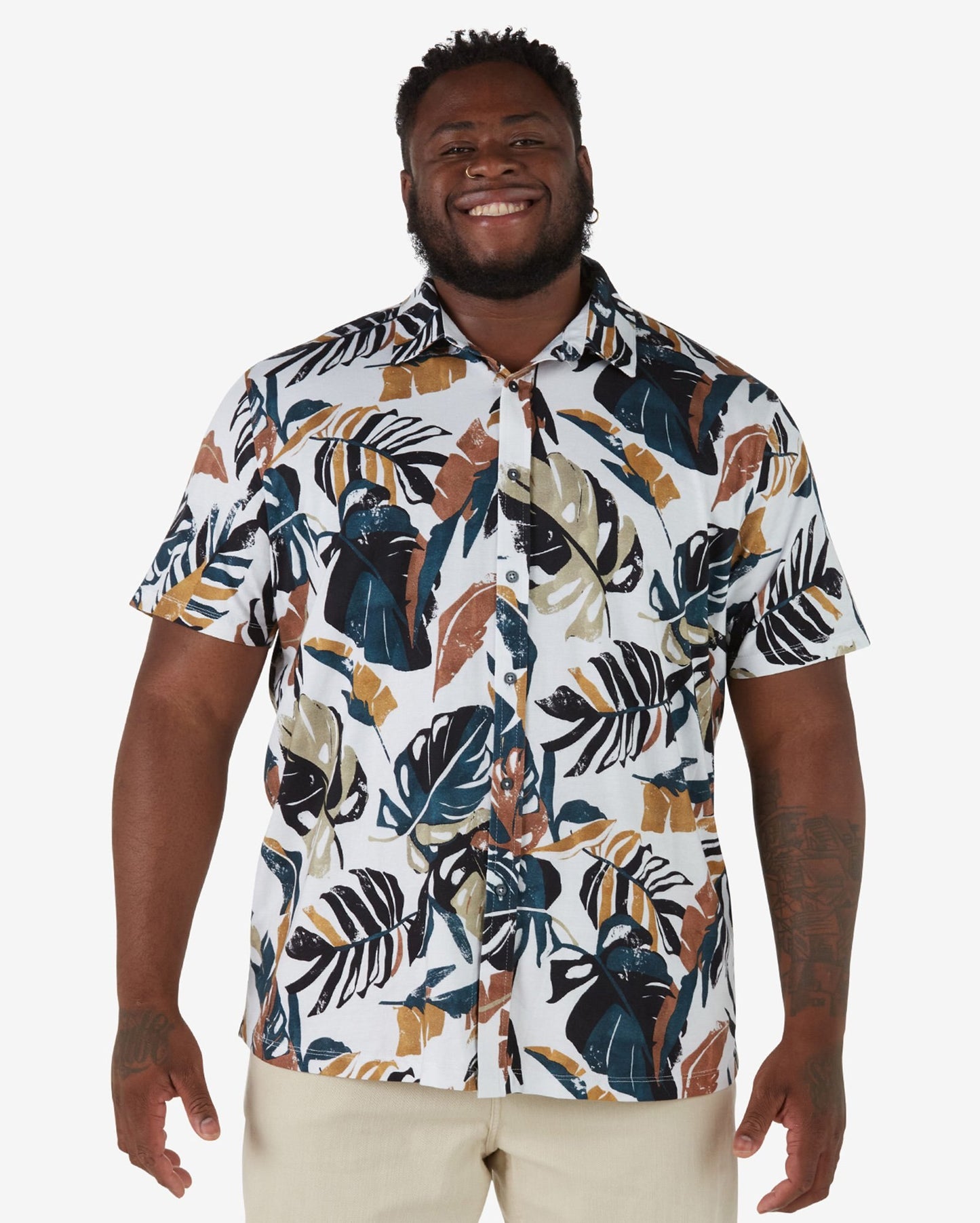 Camicia a maniche corte Plus Size da uomo con stampa a foglie - Bianco