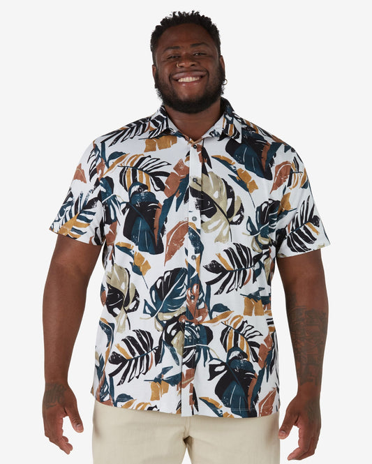 Camicia a maniche corte Plus Size da uomo con stampa a foglie - Bianco