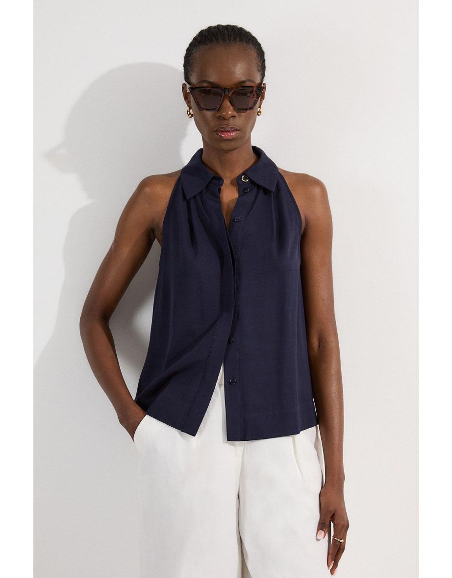 Camicia alta in lino di Viscosa Premium con colletto a farfalla e tessuto senza maniche