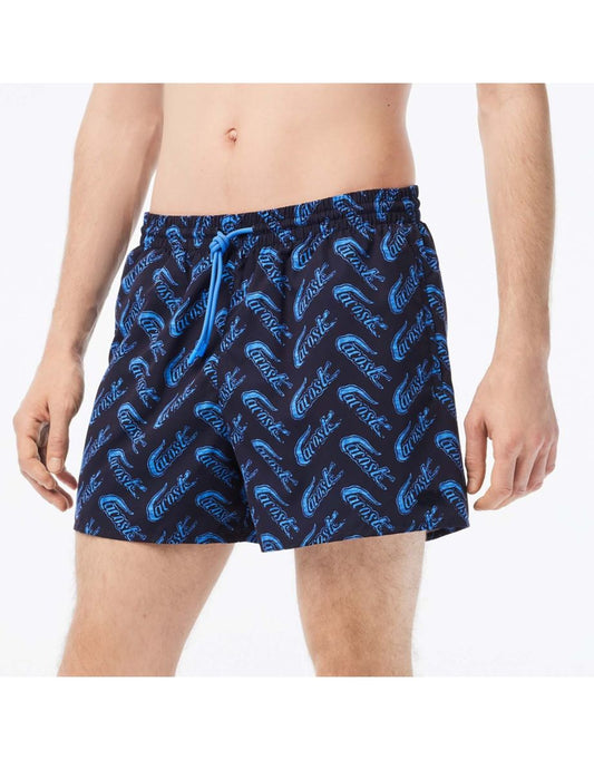 Calção de banho masculino azul com estampa do logotipo da Lacoste reciclado