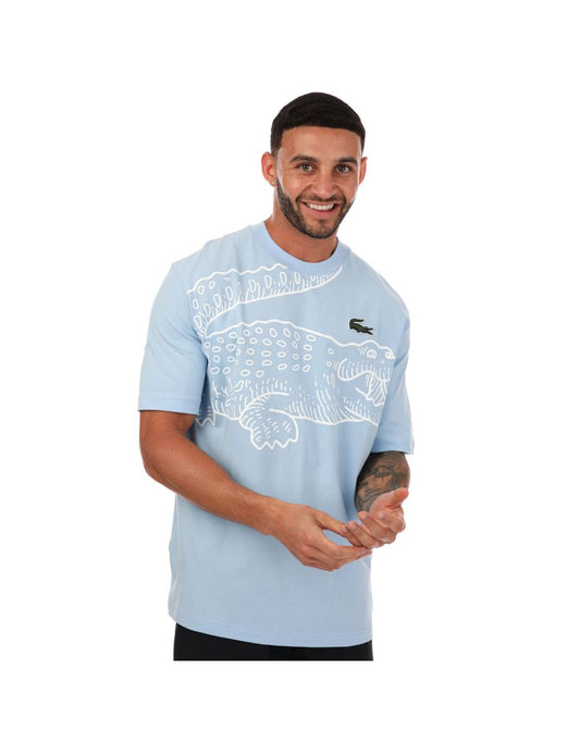 Camiseta Lacoste azul masculina com estampa de crocodilo grande