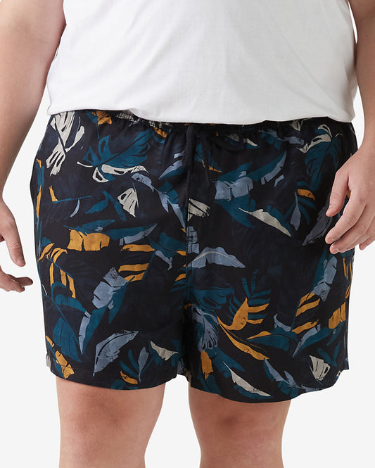 Shorts masculinos casuais plus size com estampa de folhas azul-marinho