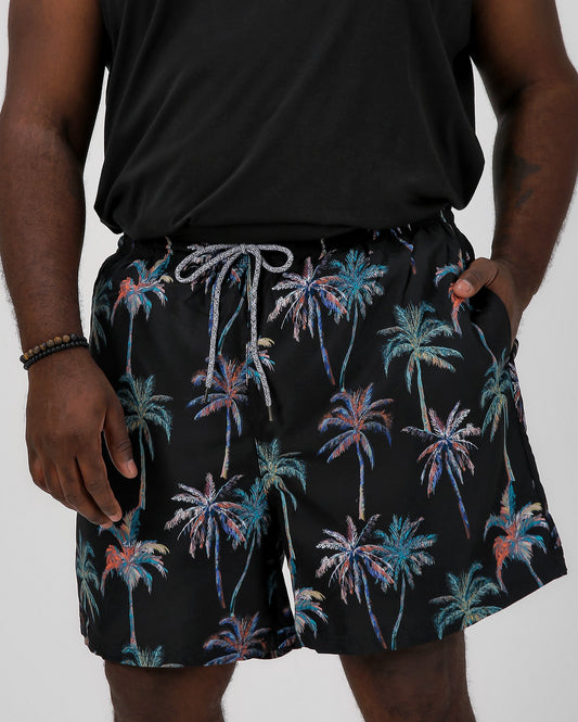 Men's Plus Size Black Leaf Print Swim Shorts with Pockets | Allman By Riachuelo