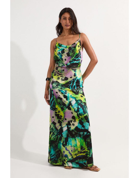 Maxivestido de satén viscosa con estampado de mariposas, cuello redondo y cinturón