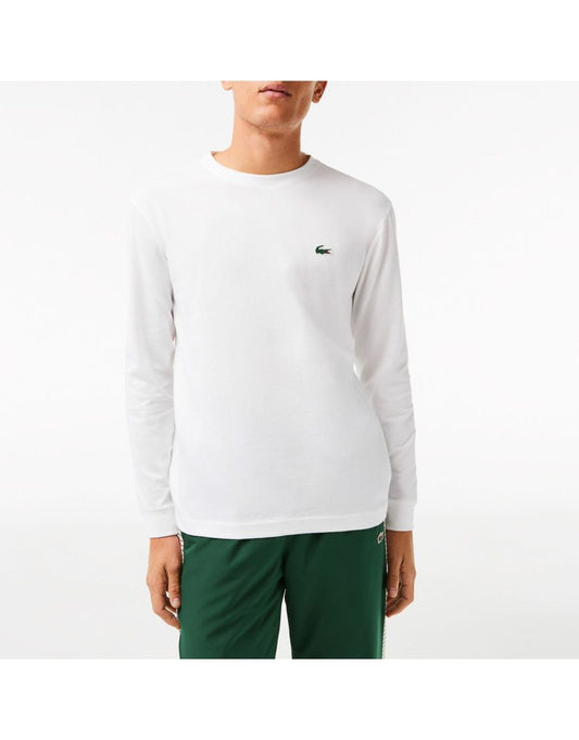 Camiseta masculina com logotipo de crocodilo Lacoste Sport em malha técnica com nervuras - Branco