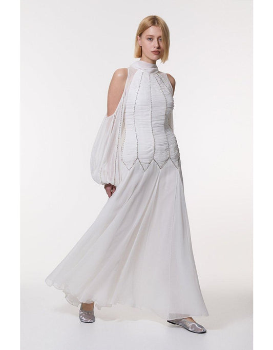 Vestido maxi de georgette com decote alto e ruched